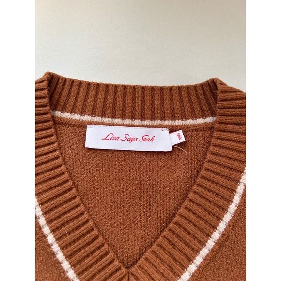 Lisa Says Gah Mushroom Sweater Vest Brown V Neck Sleeveless Knit Top  XS - Picture 6 of 7